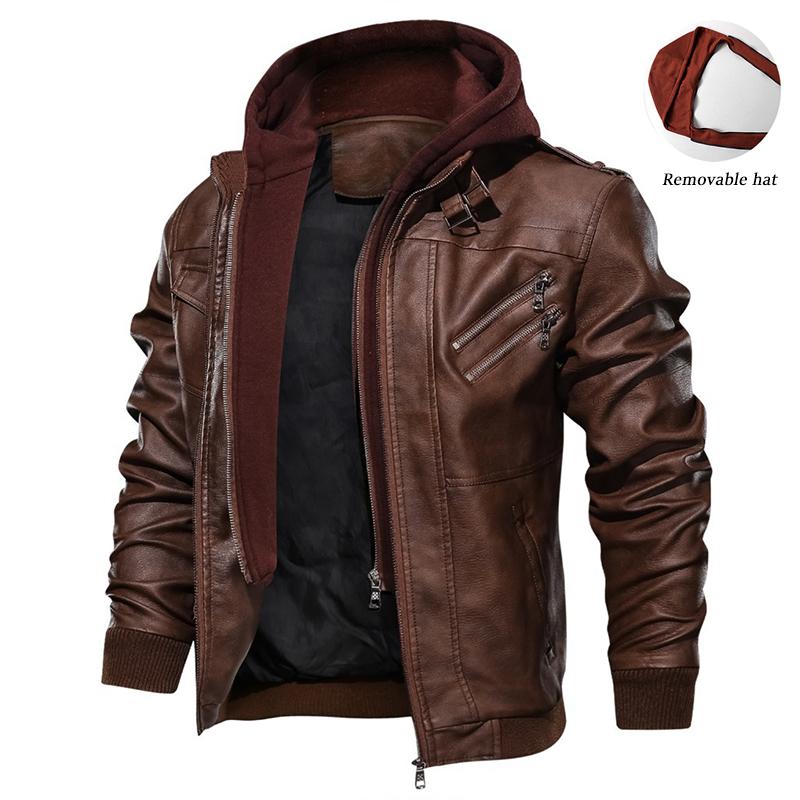 Men's Winter PU Leather Faux Two-Piece Hooded Jacket – Thick, Warm, Trendy Motorcycle Style Coat with Removable Hood, Ribbed Cuffs, and Zipper Front Closure; Perfect for Streetwear, Jogging, Fishing, or Casual Wear; A Versatile Addition to Any Man's Wardr