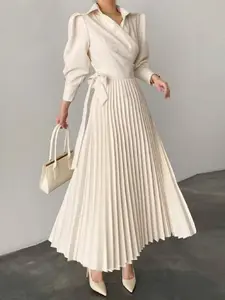 Women's Solid Notched Neck Wrap Pleated Belted Shirt Dress, Elegant Fashion Long Dress for Daily Holiday Work Office Wear, Fall Clothing Women, Dresses for Women, Women Dress for Spring Fall, Elegant Fit Dress