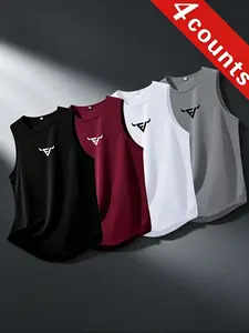 4-Pack Summer Quick-Dry Breathable Sports Tank Tops, Bull Head Print, Sleeveless Fitness Shirts, Comfortable Skin-Friendly, All-Season Wear, Sports Vests