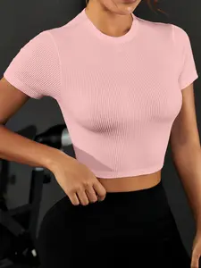 Women's Solid Ribbed Crop Tee, Basic Casual Comfy Breathable Short Sleeve Crew Neck T-shirt for Daily Wear, Ladies Summer Clothes, Womenswear, Top
