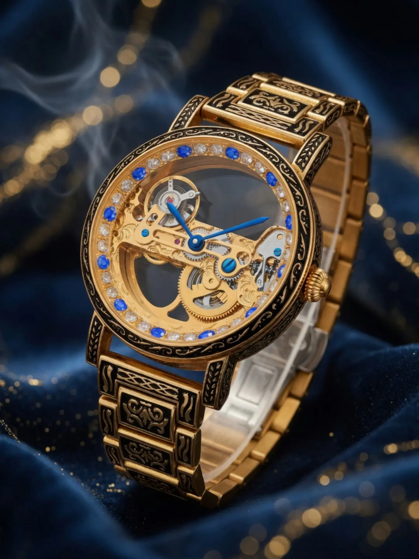 Vintage Floral Hollow Men's Mechanical Watch, Luxury Case and Strap, Sapphire and Diamond Accents, Waterproof Stainless Steel Band, Elegant Watch