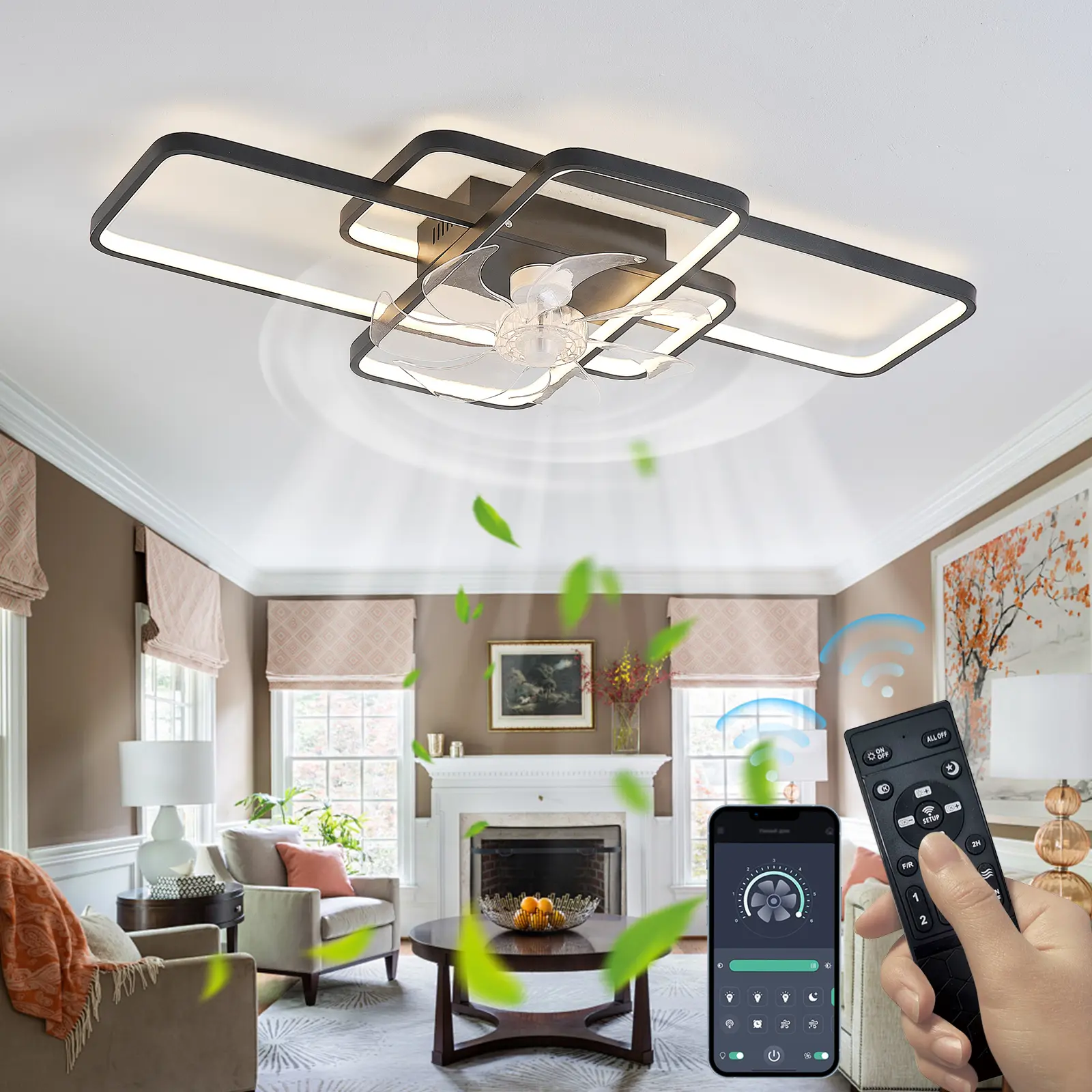 Ceiling Fan with Lights Remote Control Dimmable LED, 6 Gear Wind Speed Fan Light ndoor Flush Mount Ceiling Fan for Living Room,40Inches /35IN
