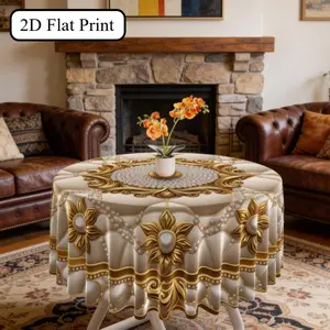 EastJia 1pc Polyester Round Classic Tablecloth - 2D Flat Graphic Print, Diamond Golden Totem Floral Design, Durable, Easy to Clean, Machine-Made, Ideal for Party Dining, Room Decor