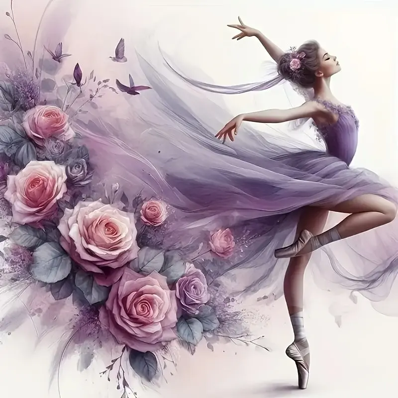 A 5D Full-drill Round Diamond Painting Art Kit Rose And Ballet Dancer Elegant Pink Rose Glossy Self, Unframed, Size 11.8*11.8 Inches. Suitable for Beginners and Enthusiasts, This DIY Mosaic Stress-relief Craft Is Ideal for Dorm, Home, and Office Wall Deco