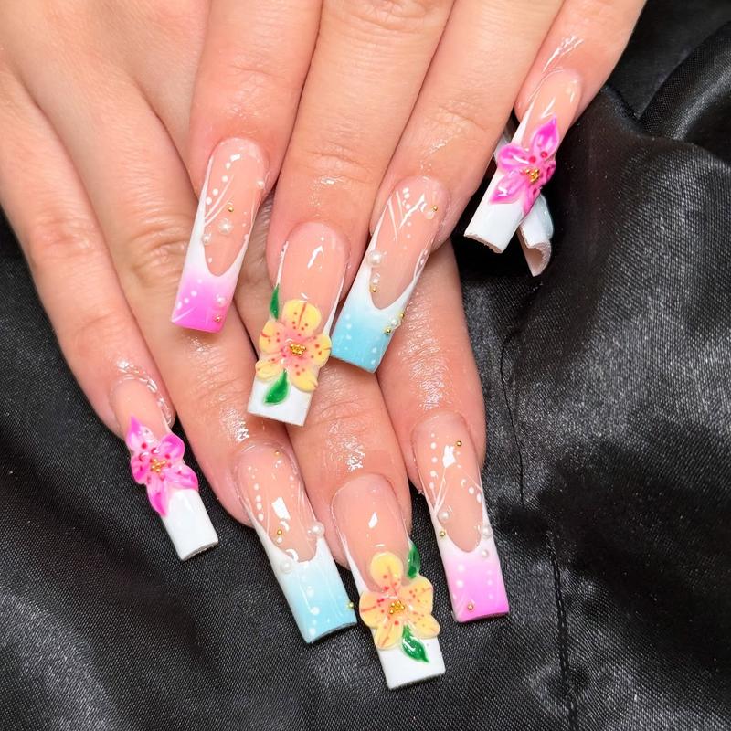 Pink Blue Ombre French Tip Press On Nails with 3D Flower Charms Handmade Coffin False Nails Elegant Luxury Gel Nail Art Set for Weddings Parties Everyday Style