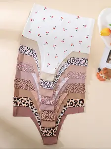 Women's Solid Color/Leopard/Cherry Print High Waist Panty, High Stretch Breathable Comfortable Quick Drying Seamless Knicker for Daily Wear, Ladies Underwear for All Seasons, High Waisted Seamless