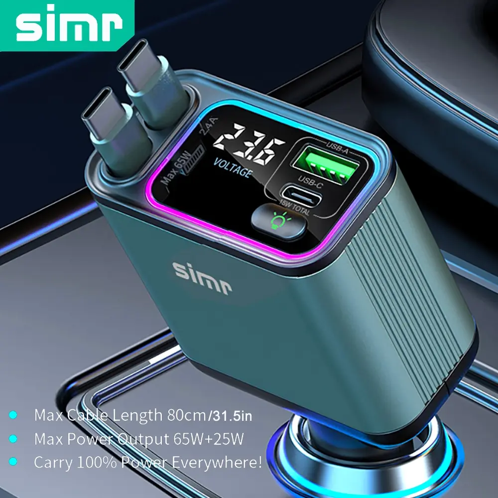 simr Retractable Car Charger, Vehicle Charger, Smartphone Charger, Quick Charger, 4 in 1 Super Fast Charging 65W High Efficiency Charger Retractable Cable and USB PD Ports Car Charger Adapter Compatible with iPhone 15 14 13 Pro Max, Galaxy S23