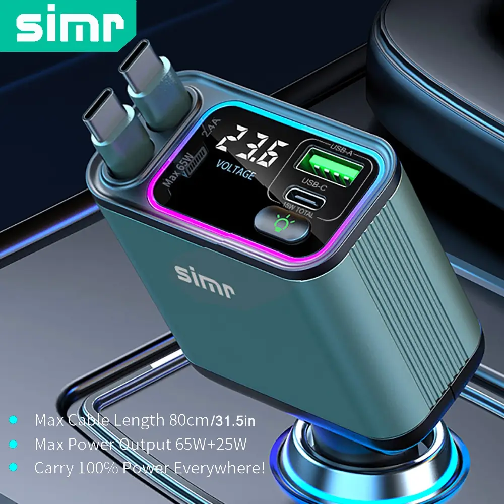 simr Retractable Car Charger, 4 in 1 Fast Charging Car Charger 65W, Retractable Cable and USB PD Ports Car Charger Adapter Compatible with iPhone 15 1