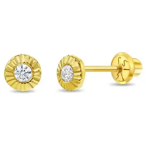 14k Gold Radiant Setting CZ Baby / Toddler / Kids Earrings Safety Screw Back