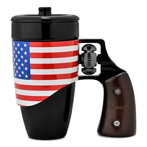 Pukomc Novelty Ceramic Coffee Mug 16 oz with Rotatable Stainless Steel Revolver, Reusable, Valentine's Day Gift, Drinkware Cup Washable Black Tumbler Reuse