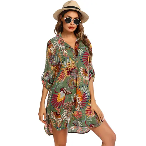 Ekouaer Women's Rayon Blouse - Button-Front, Loose-Fitting, Solid V-Neck, 3/4 Length Sleeves, Light Airy All-Seasons Top, Casual Beach Swimsuit Cover-Up, Machine Washable