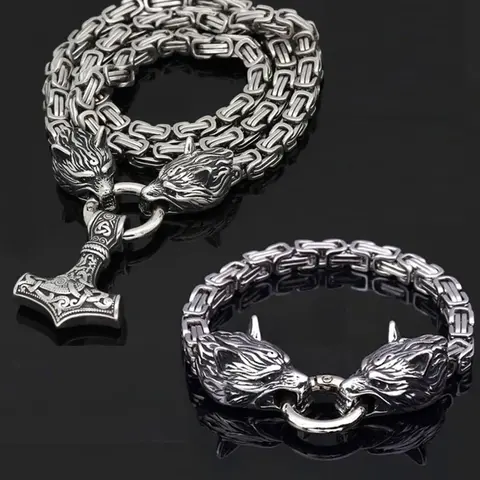 2-Piece Vintage Wolf Head Necklace and Bracelet Set, Stainless Steel Punk Chain Jewelry Set, with Nordic Hammer Pendant, Punk Style for Men and Women, Stylish Party Gift, Chains Set