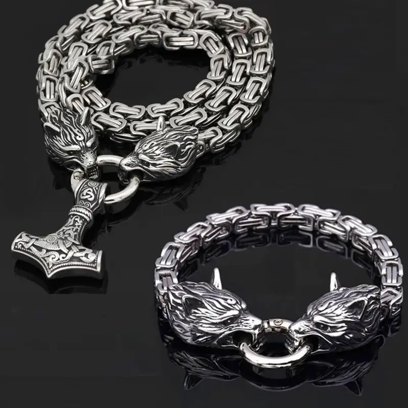2-Piece Vintage Wolf Head Necklace and Bracelet Set, Stainless Steel Punk Chain Jewelry Set, with Nordic Hammer Pendant, Punk Style for Men and Women, Stylish Party Gift, Chains Set