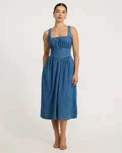Express Denim Basque Waist Smocked Back Midi Dress with Pockets