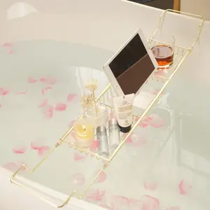 1 Pack Golden Bathtub Caddy, Luxury Style, Expandable & Non-Slip Metal Rack, Multi-Compartment Storage Tray for Bathroom & Home Spa