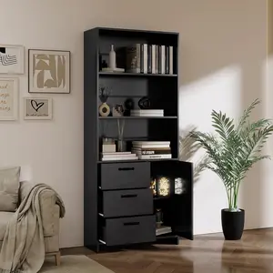 Bookshelf, 71" Tall Bookcase, Book Shelf with Doors and 3 Drawers, 3-Tier Bookshelves with Storage Cabinet for Home Office, Living Room, Study