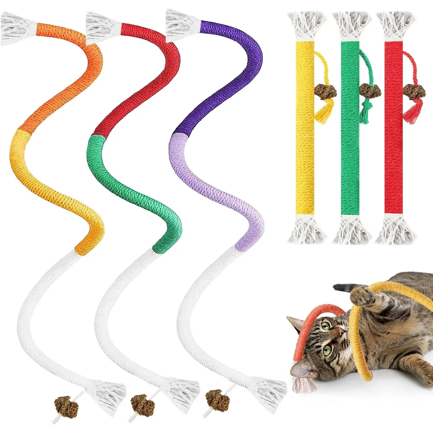 6-Pack Cat Cotton Rope Chew Toys - Kitten Toys for Teeth Cleaning, Interactive Playtime, Metal Wire-to-Cotton Rope Transferable Design, with Natural Vine Ball