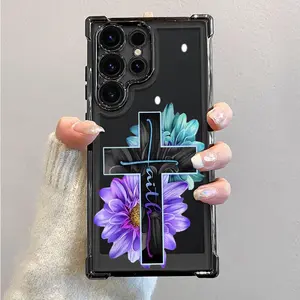 Jesus Cross Floral Pattern Phone Case with Four-Corner Shock Protection Phone Case ForPhone Case For S22 S23 S24 S25 FE ULTRA PLUS EDGE pad mobile phone protective case #SMYGSJDSZJ4
