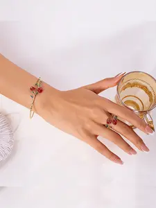 1 Copper Drop Oil Flower Bracelet & Ring Set Gift Jewelry, Matching Jewelry Set, Womens Fashion, Women'S Fashion Jewelry, Red Rose Green Leaves Open Cuff Adjustable Bracelet Retro Flower Ring Wedding Personalized Accessori