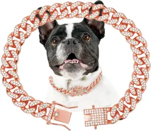 PetFusion Dog Chain Collar Diamond Link Puppy Collar 12 mm Wide Rose Gold Crystal Necklace Jewelry Accessories for Small Medium Large Pets 8 Inch Durable & Stylish