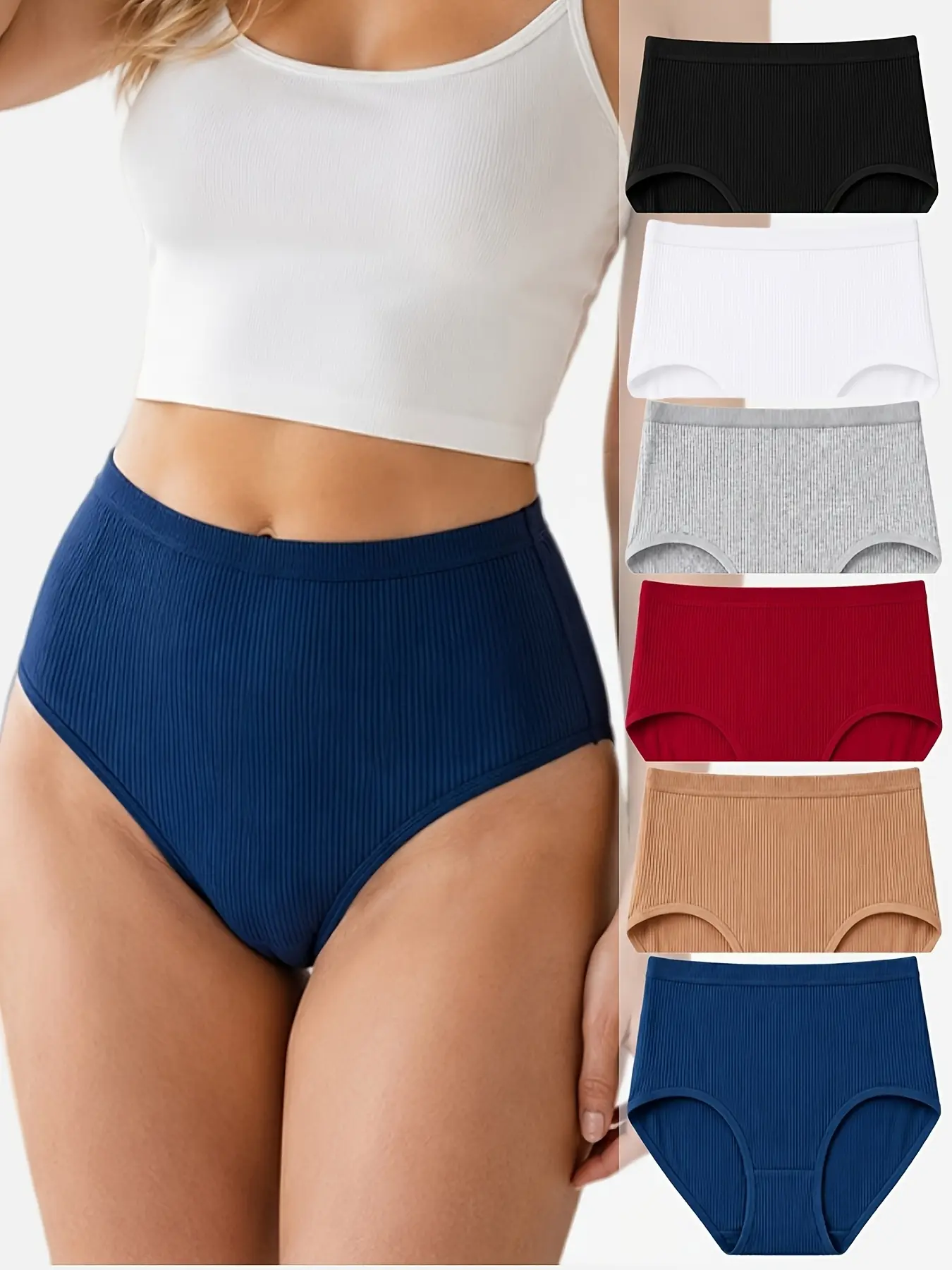 6pcs Ribbed Solid High-Waist Underwear Set, Simple Plus-Size Casual Women's Thigh-High Drawstring Breathable Belly-Concealing Underwear