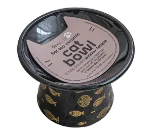 Dexypaws Flat Top 7.5ozCeramic Cat Bowl Black Fish Print