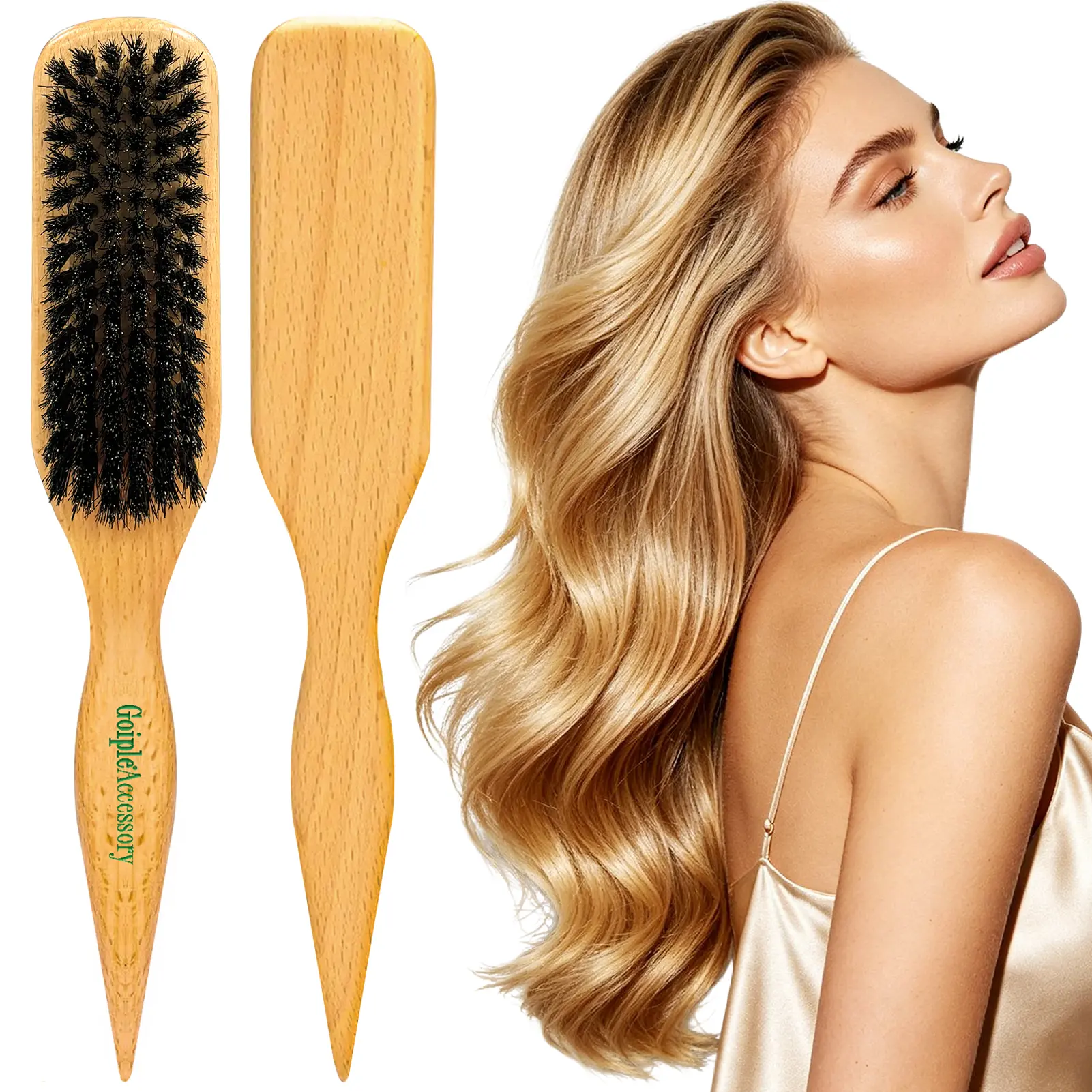 Goiple Boar Bristle Hair Brush for Sleek Ponytail Bun & Smoothing Baby Hairs - Soft Medium Brush for Men & Women, Wooden Design