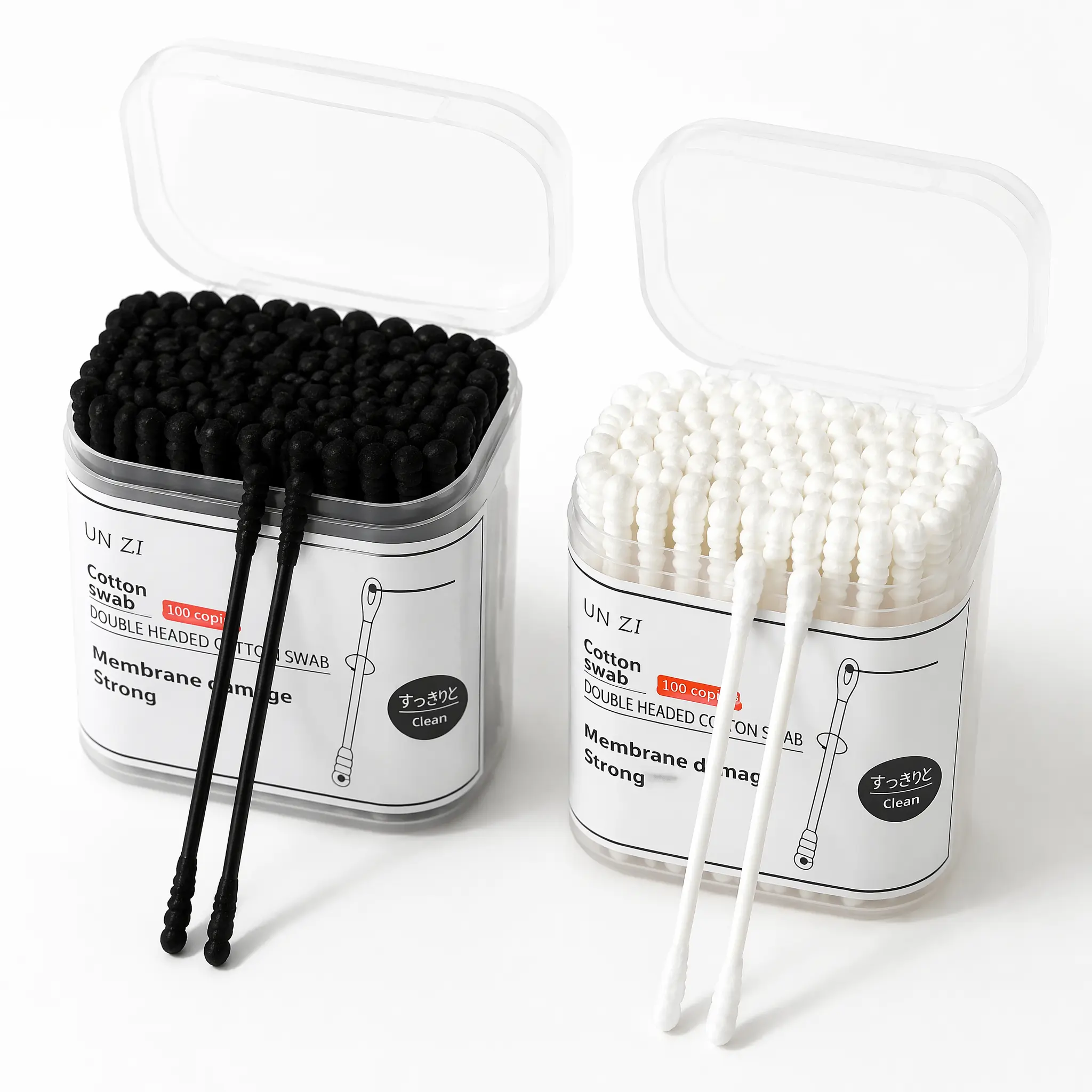 UN ZI Double Headed Cotton Swabs - Black & White - Membrane Damage Strong - Ideal for Cleaning - 100% Cotton - 100 Swabs per Box