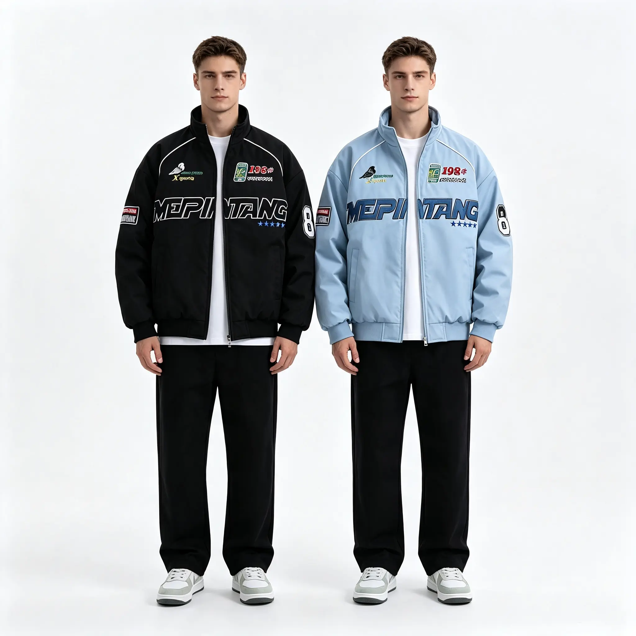 Men’s 2-Pack Vintage Racing Aviator Coats - Menswear Long Sleeve Stand Collar Zip-Up Tops, Letter Patch Embroidery, Loose Hip-Hop Casual Windbreaker for Autumn Winter Everyday Wear