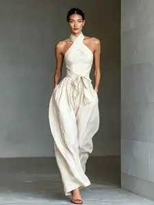 New Arrival Women's Sleeveless Halter Tie Pure Color Long Pants with Pockets, Backless Halter Sexy Slim Jumpsuit, Summer Cross Strap Vest Wide Leg Pant, Tie Front High Waist Jumpsuit, Stylish Belted Waist Design, Fashionable Solid Color Jumpsuit
