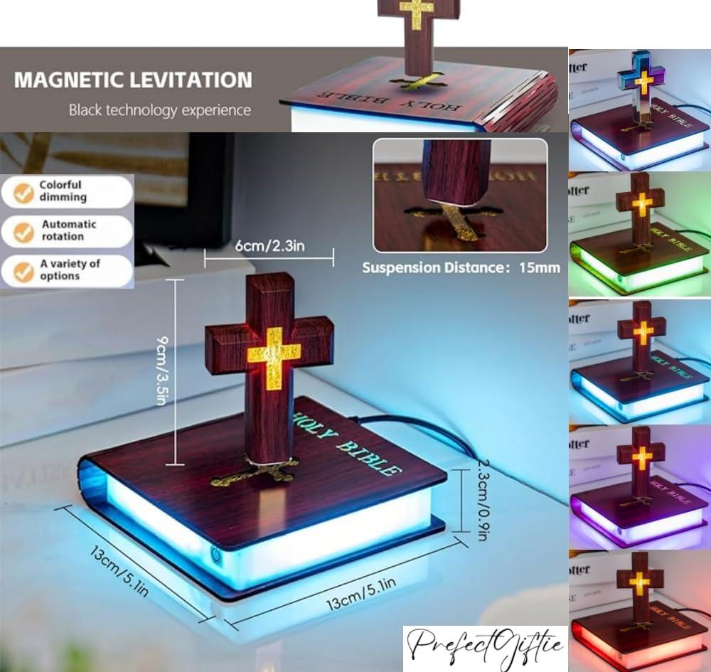 Levitating Cross Lamp, Floating Cross Night Light with Jesus & Bible Design, Magnetic Levitation Cross Lamp | Christian & Catholic Gift, Spiritual Home Decor, Easter Gift, Glowing Cross Ornament