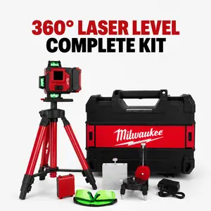 Milwaukee M12 3PL-401C 16 Line 360 Degree Green Plane Laser Level Kit with Dual 6.0Ah Batteries and Tripod for Professional Interior Layout and Construction Featuring ±0.3mm Accuracy IP54 Protection and Remote Control