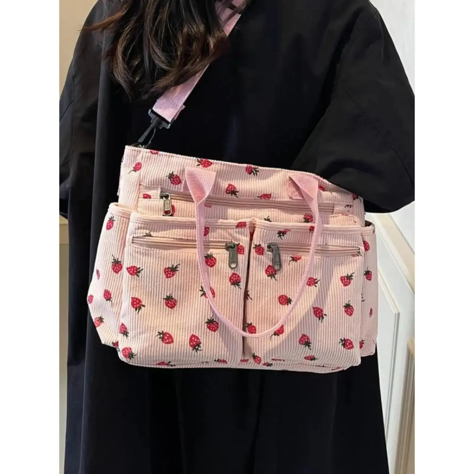 Women's Cute Strawberry Print Canvas Tote - Large Capacity Aesthetic Shoulder Bag, Trendy Casual Everyday Bag Ideal for Shopping, Travel, Daily Commuting, Bags For Everyday,summervibes