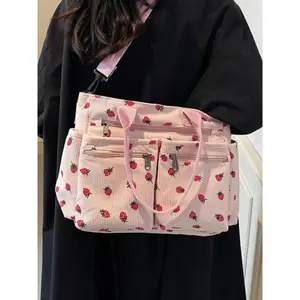 Women's Cute Strawberry Print Canvas Tote - Large Capacity Aesthetic Shoulder Bag, Trendy Casual Everyday Bag Ideal for Shopping, Travel, Daily Commuting, Bags For Everyday,summervibes