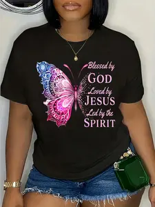 100% Cotton Blessed by God Loved by Jesus Pink Butterfly T-Shirt