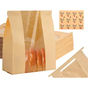 60 Pack Brown Paper Bread Bags, 14" x 8.3" x 3.5", Disposable, Tin Strap Buckle Lock, Clear Front Window, Label Seal Stickers, Suitable for Bread, Cookies, Treats