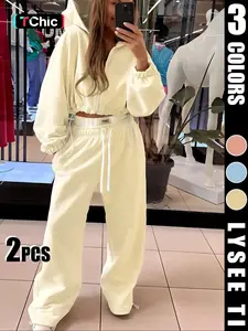 Women's Fashion Casual Sports Style Solid Color Drawstring Waist Hoodie & Pants Set