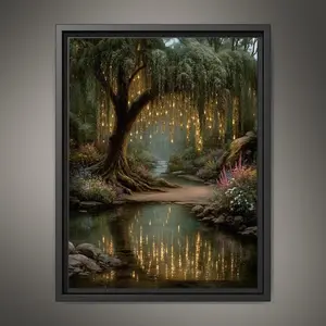 [Sale off up to 50%] [Free ship] [Frame] Enchanted Willow Tree Wall Art Print, Magical Forest Path Artwork, Fairy Light Woodland Decor