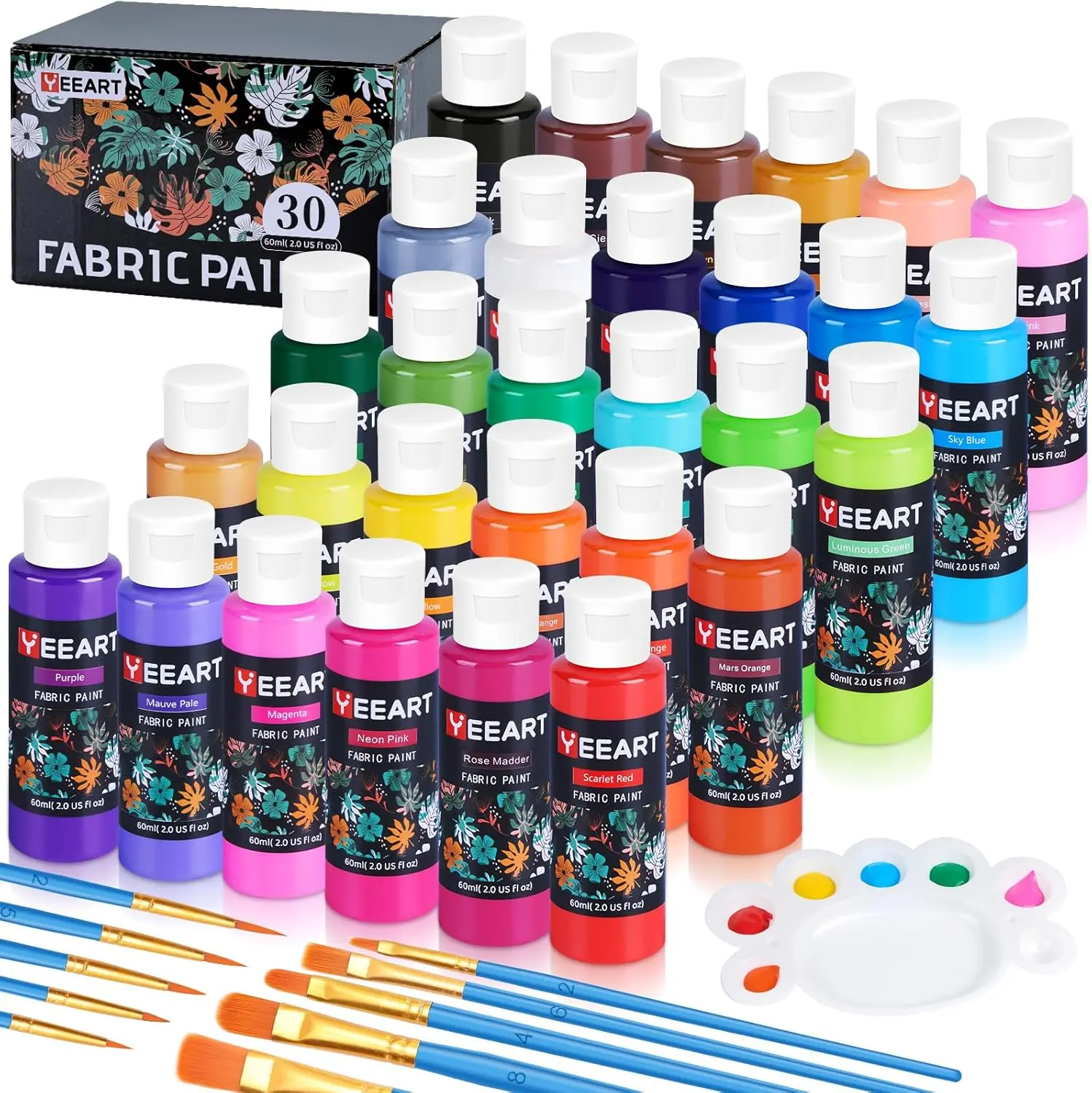 Yeeart Permanent Water-Based Soft Fabric Paint Set - 30 Bright Hues, 60ml Bottles, 10 Brushes, Palette, Certified Safe Non-Toxic, Machine Washable, Waterproof, for Customizing Jeans, T-Shirts, All Ages DIY Painting Supplies