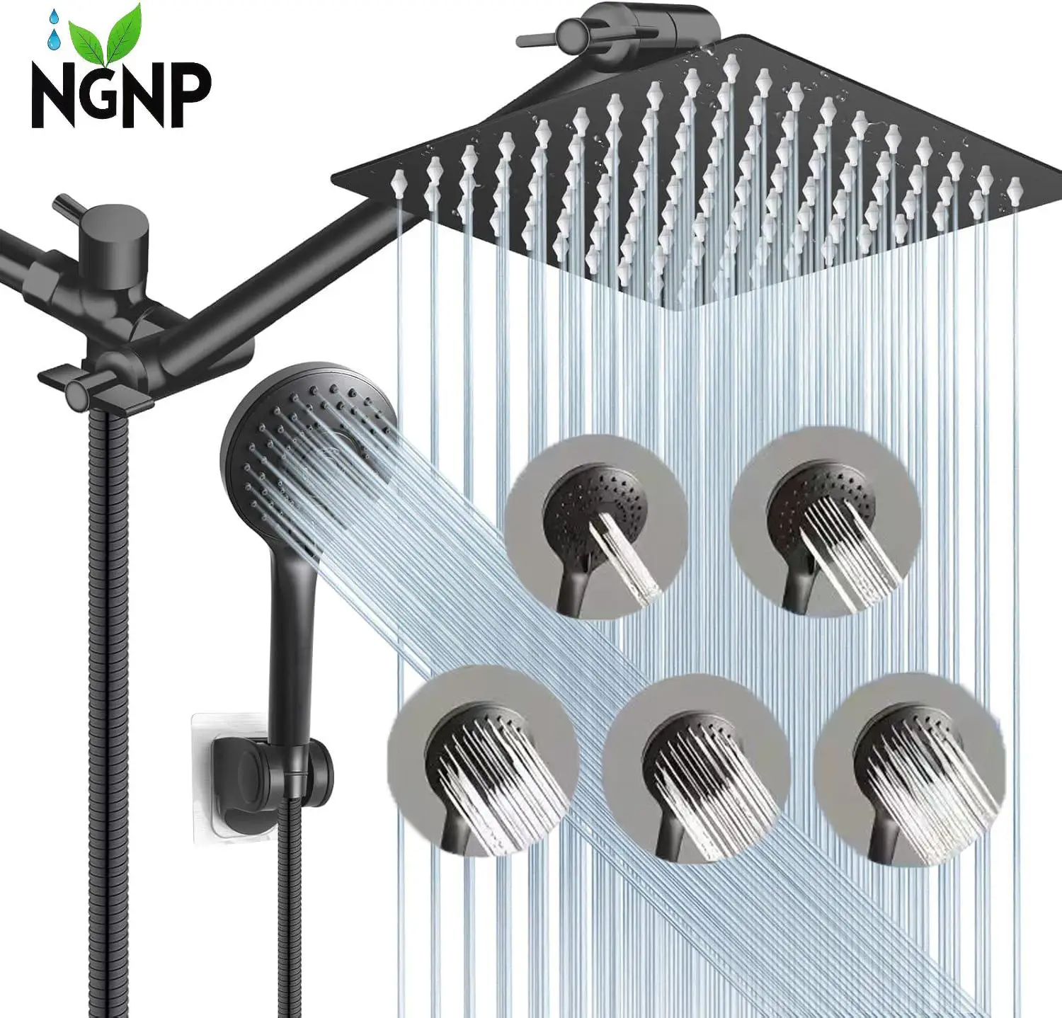 NGNP European Boost High Pressure Rainfall Shower Head Combo with 8"/10" Rainfall Showerhead & 5-Mode Handheld Spray, Adjustable Brass Arm, 5-Way Flow