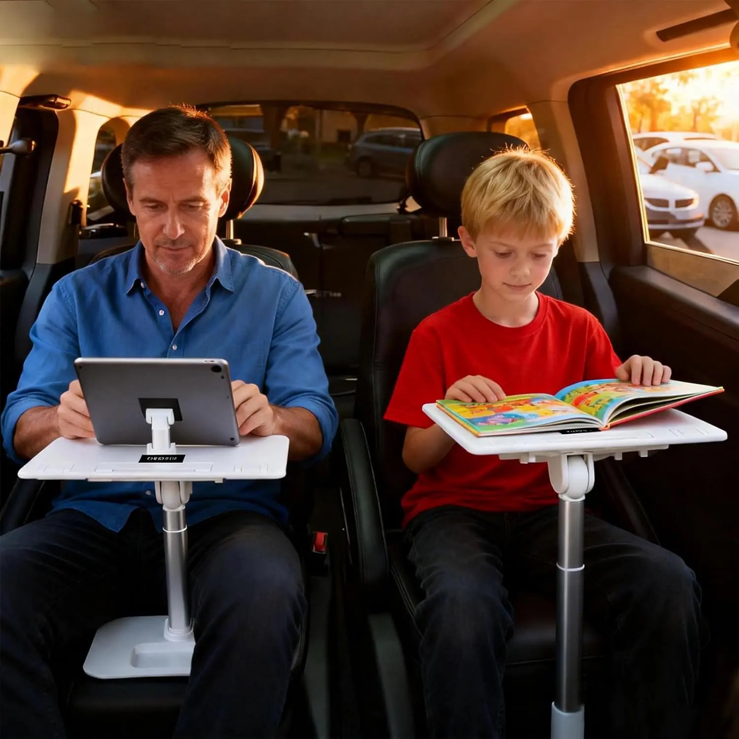 Gugxiom Sturdy Construction Car Seat Tray Table for Teens, Height-Adjustable Rear Seat Desk for Laptop, Book, Tablet, 13x9.8x21.7in Food Tray for Road Trips, Living Rooms, Outdoor Camping