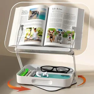 Book Stand with Storage, 360? Rotating, Foldable Adjustable Holder with Large Storage Capacity for Reading & Tablets (Clear)