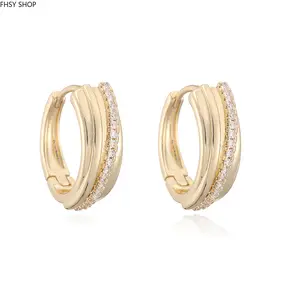 FHSY SHOP Modern Double Band Hoop Earrings with Pave CZ Edge Gold Plated Polished Huggies for Evening Outfits, Street Style & Trendy Fashion