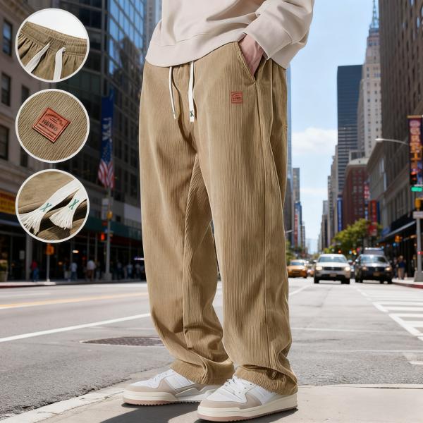 Trendy Brand 2 PIECE SET Men's Corduroy Straight Leg Sweatpants Autumn New Arrival Loose Fit Wide Leg Casual Pants for Autumn & Winter Menswear Trouser Beige Plain Black + Olive Green Pocket casual comfy loose fitting trouser durable fabric