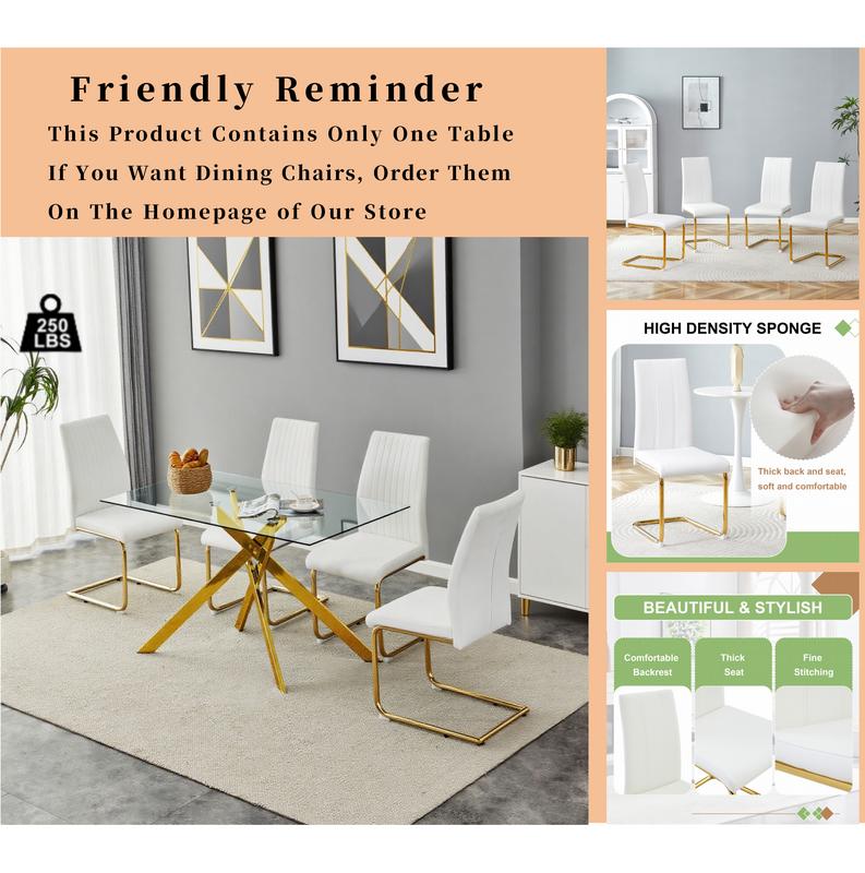 51.18" Rectangular Tempered Glass Dining Table with Gold Metal Legs Modern Kitchen Table for Dining Room Easy Assembly 8mm Thick Glass 250lbs Capacity