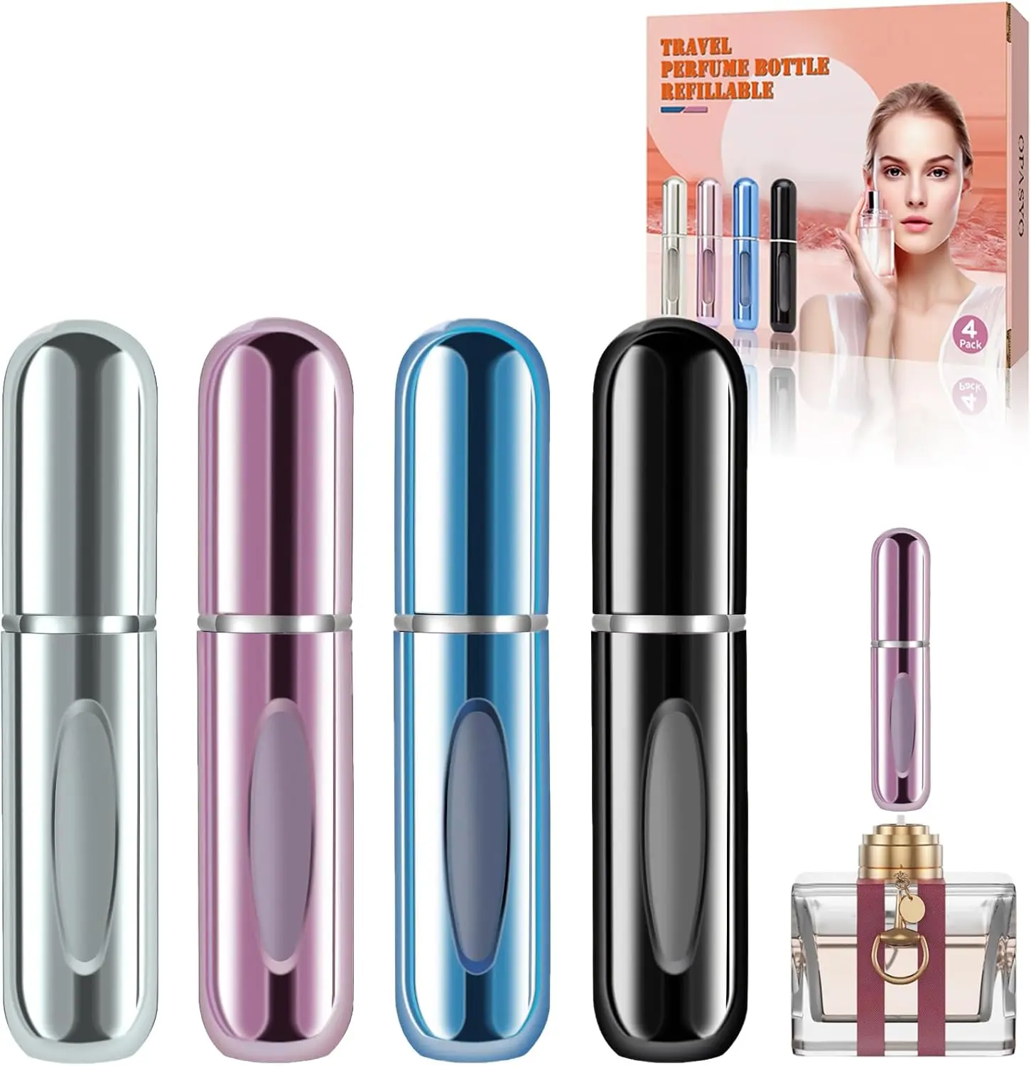 Portable Mini Refillable Perfume Atomizer Bottle, Travel Size Refillable Perfume Refill Bottle - Perfume Atomizer Refillables, Scent Pump Case, 4 Pcs Pack of 5 ml Small Perfume Spray