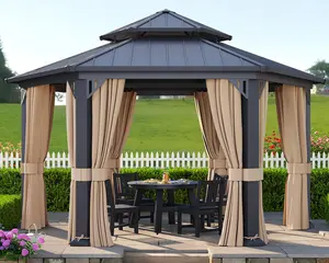 AMERLIFE 13X15FT Hardtop Gazebo, Hexagon Outdoor Gazebo, Double Tiered Aluminum Patio Pavilion with Dual Rails, Ceiling Hook and Bench for Patio, Garden, Backyard Shade