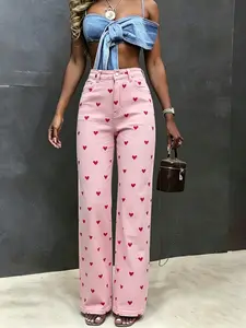 Women's High Waist Stretchy Wide Leg Jeans, Heart Print Straight Leg Pants, Slimming Flowy Casual Long Trousers