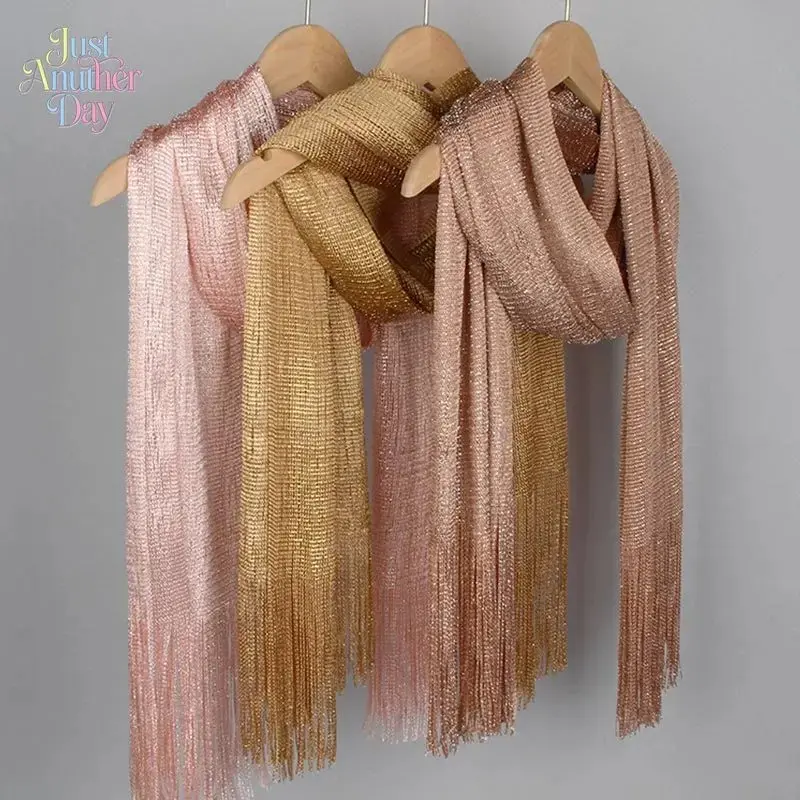 Metallic Glitter Scarf for Women, Shimmering Gold/Silver/Rose Gold Shawl with Tassels, Lightweight Sheer Polyester Wrap, Perfect for Evening Dresses, Weddings, Parties, and Beach Cover-Ups, Elegant and Versatile