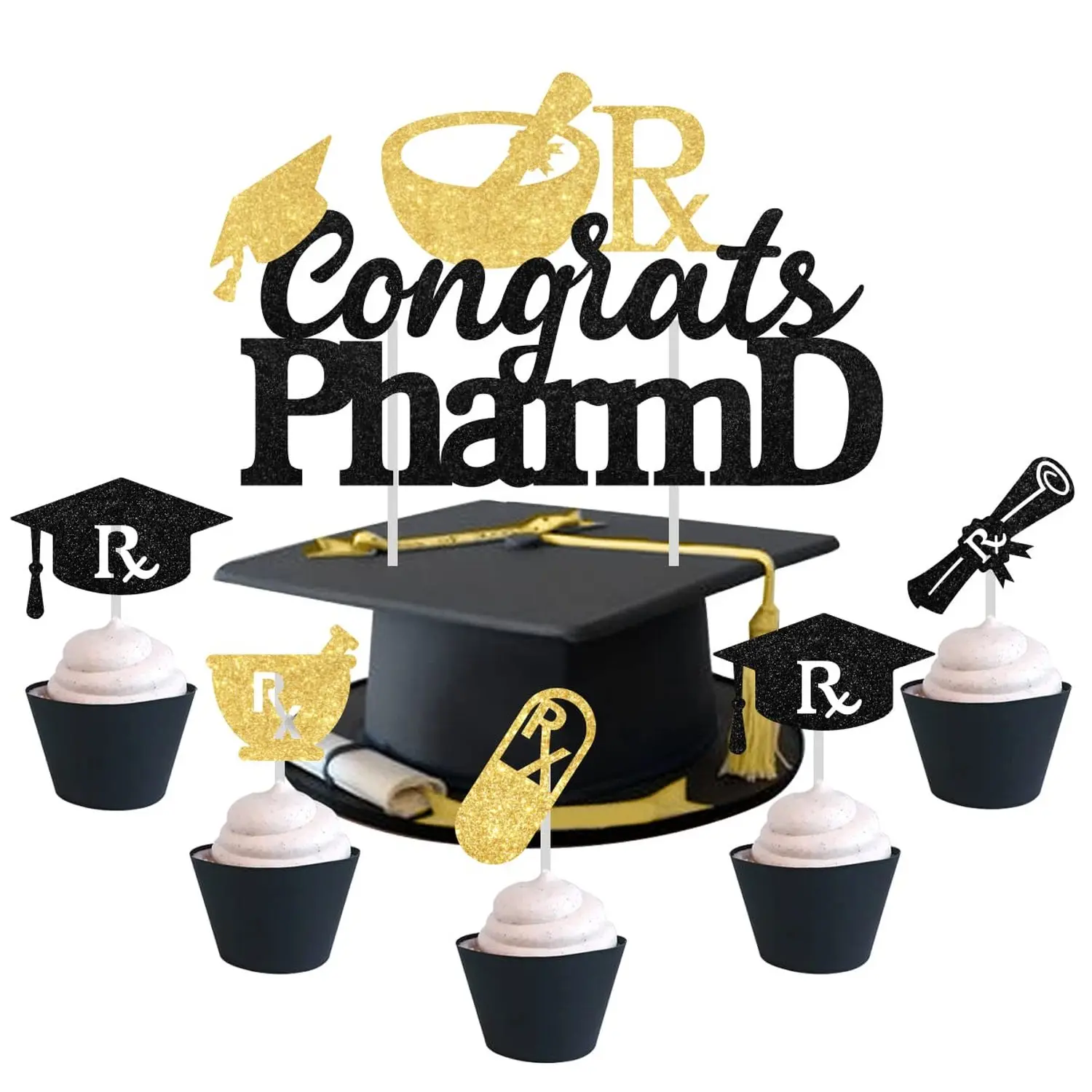 25PCS Congrats PharmD. Cake Cupcake Topper Black Gold, Pharmacist Graduation Hat Cupcake Topper 2026 Glitter Paper Pre-Assemble Congrats Medicine Theme College Graduation Party Decoration